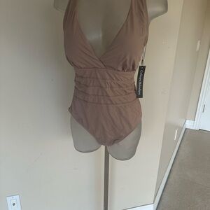 Chic Brown Swimwear with Plunging V-Neckline